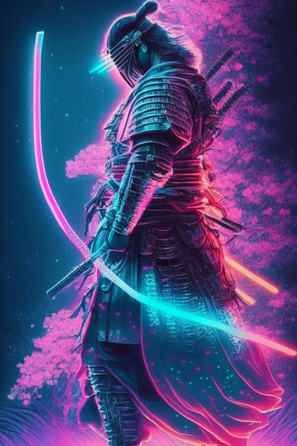 Mystical samurai emitting an aura with a long, neon sword emitting an aura