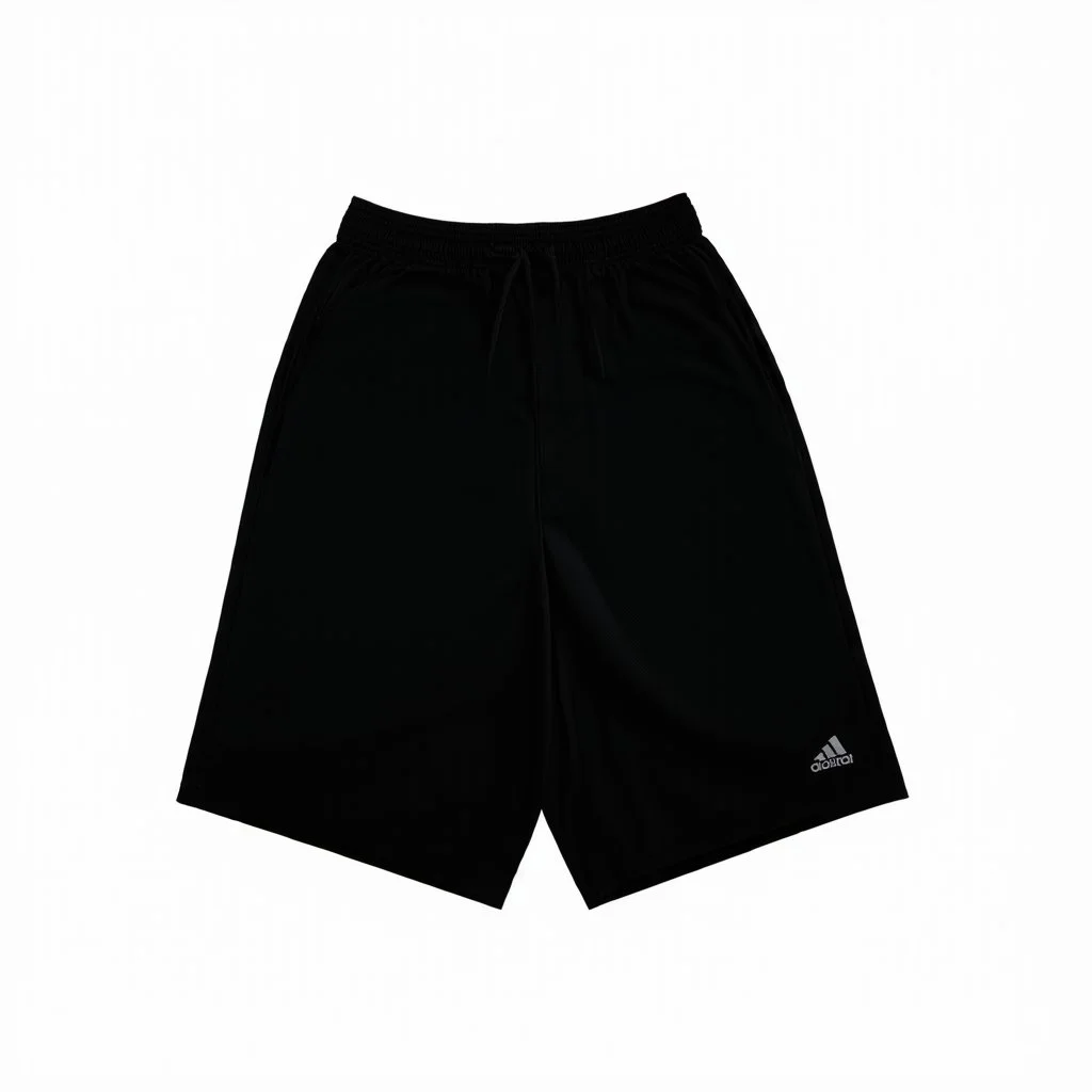 Folded traning short, top view, flat lay, realistic, male active wear, black smooth material, short trouser leg, no logo,