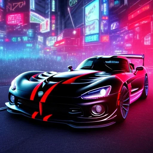 realistic black dodge viper; in an alternate universe in tokyo; cyberpunk; rain; neon signs