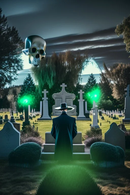 photo of a hoodless grim reaper wearing a suit, highlighting shiny areas of the skull, sitting outside a cemetery with a welcome sign, wearing suit, rim lighting, studio lighting, looking at the camera, dslr, ultra quality, sharp focus, tack sharp, dof, film grain, Fujifilm XT3, crystal clear, 8K UHD, clean, orange evening lighting