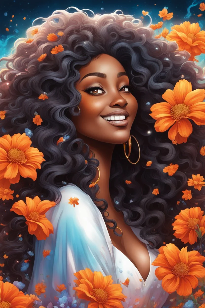 vibrant psychedelic analytic image, airbrush, 8k, cartoon art image of a black curvy female looking to the side smiling with a large mane of curly ombre hair flowing through the wind, prominent makeup with hazel eyes, highly detailed hair, background orange and white flowers surrounding her, dystopian