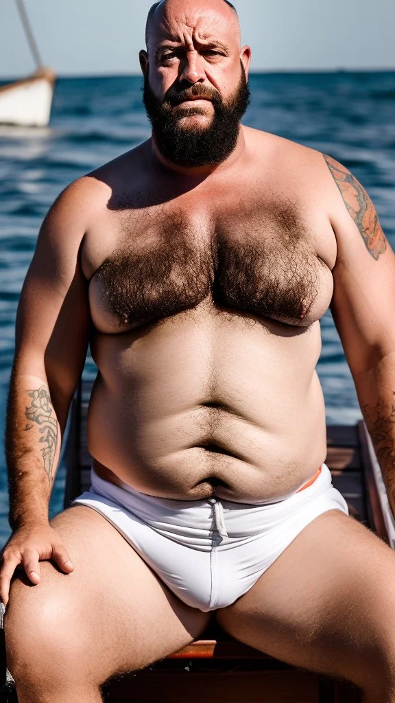 photography of a burly marocan fisherman sunbathing sitted in a fisher wooden boat, in little white french briefs, tattoo, manly chest, ugly, 46 years old, bullneck, white curly beard, bald, muscular chubby, angry eyes, photorealistic, Canon EOS, 8k