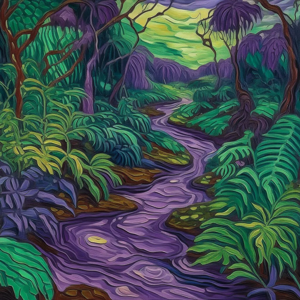 A purple jungle with a poisonous river painted by Vincent van Gogh