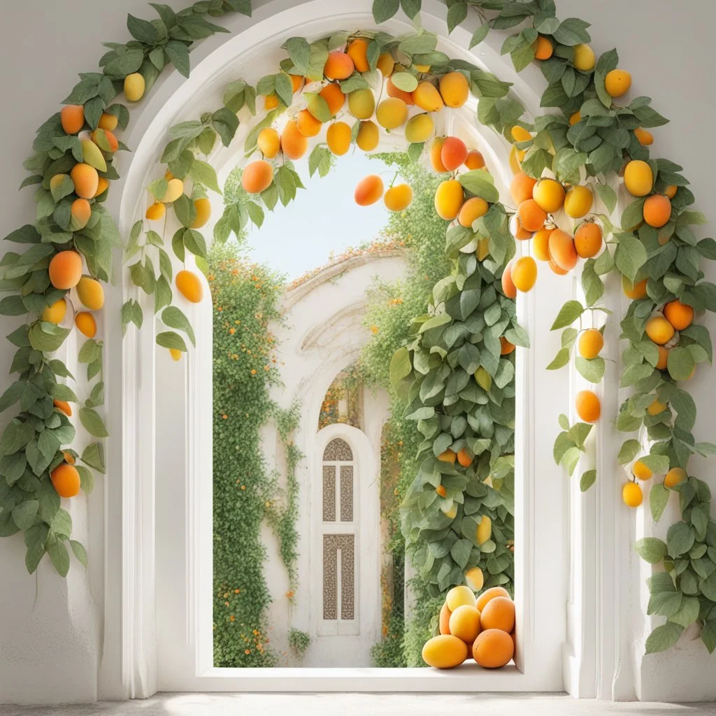 A window in white with an arch decorated with mangoes and light green leaves and soft orange bright colors.