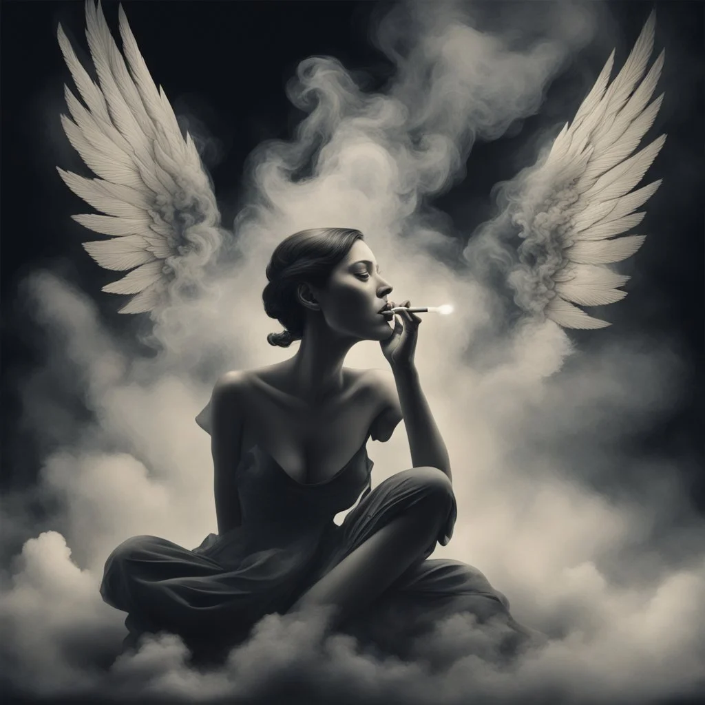 women sitting forward Her face turned upwards and blows cigarette smoke from their mouth. It depicts a figure with wings emerging from its back. behind the clouds of smoke seen death. dark and mysterious