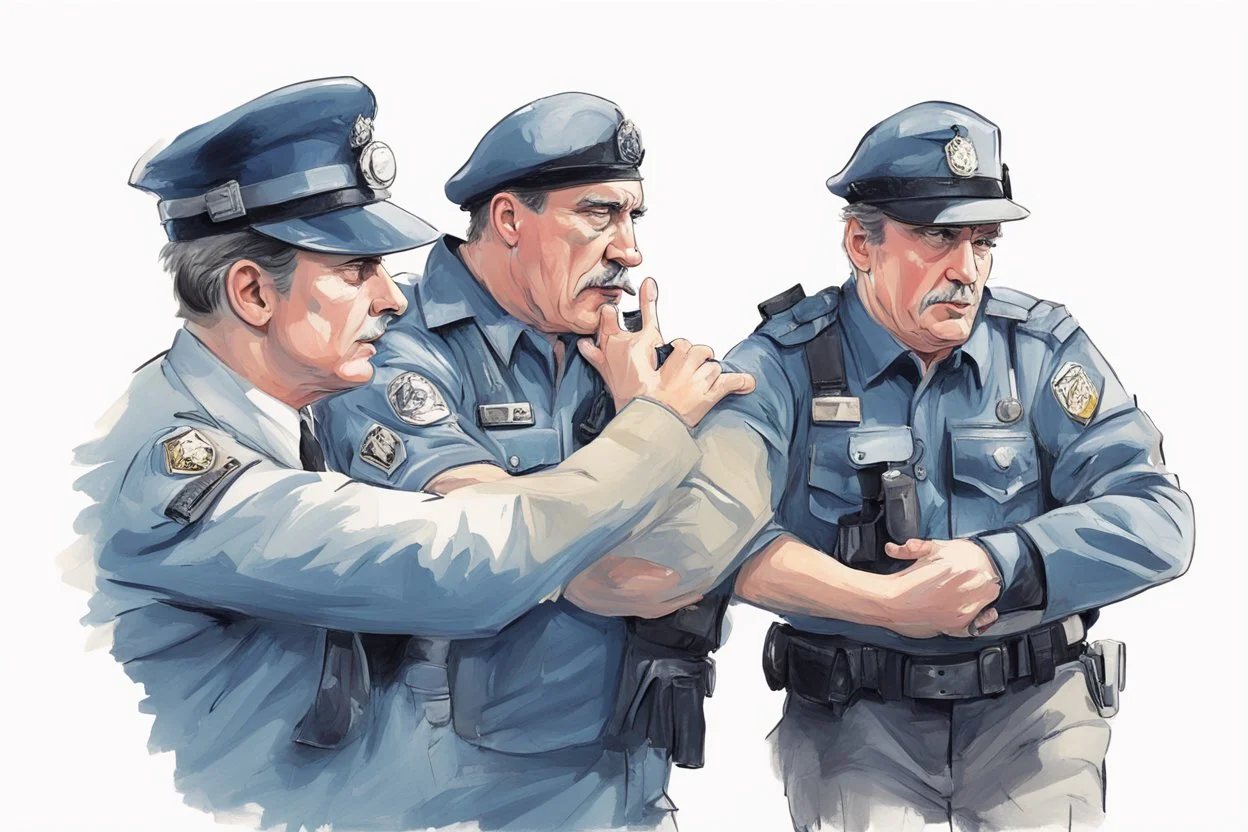 a journalist being arrested by a policeman; white background, symbolic image, stylized, pastel colours;