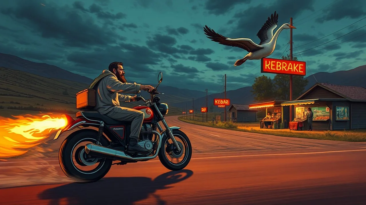 The kebab man driving fast on his holy motorcycle, fire from the exhaust, holy widescreen picture, holy empty road on the holy country at night, comic style, no helmet and he have a long holy black beard, neon kebab signs along the road, jesus stand at his market stand selling holy kebabs, simon stålenhag style, flying goose kebab