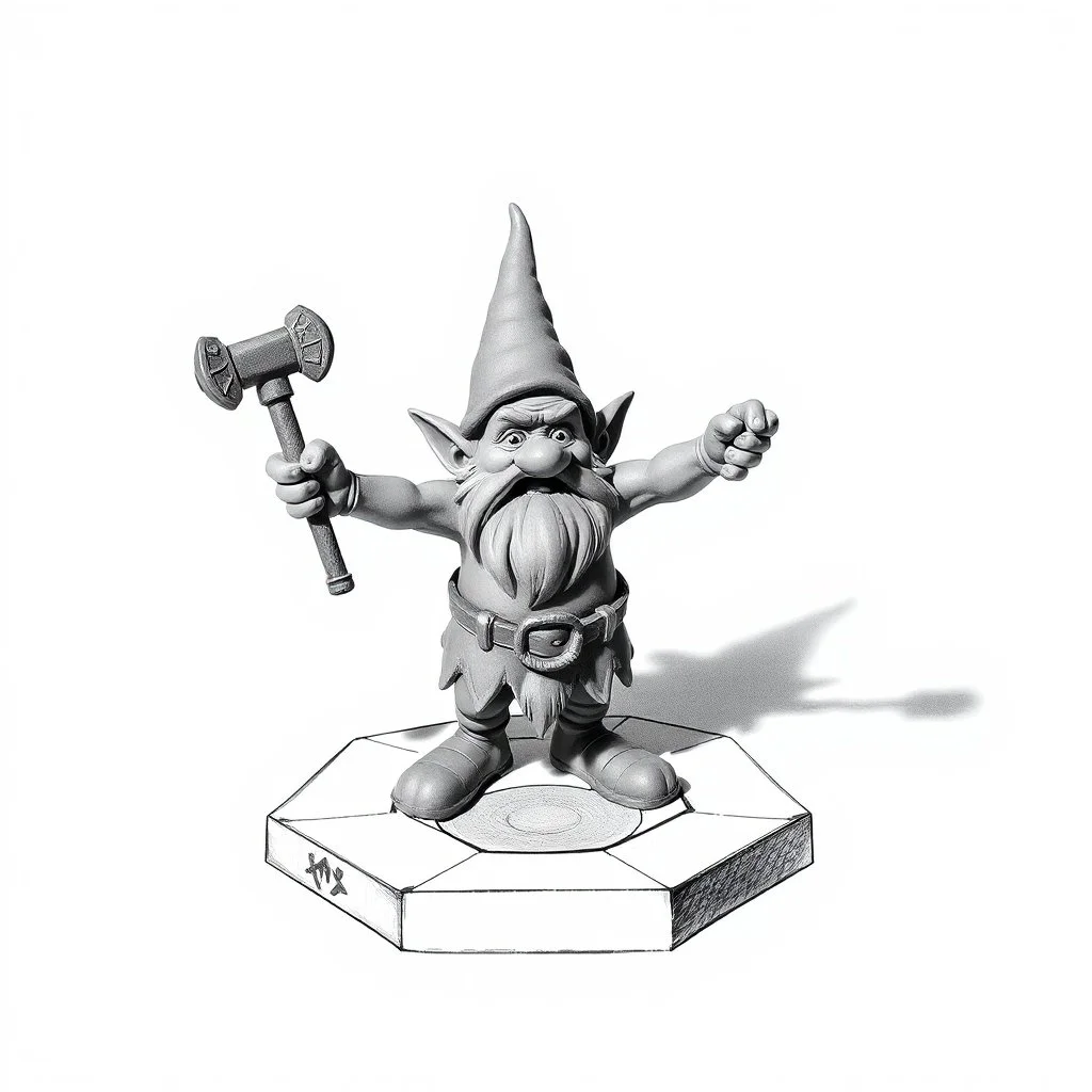 bronse low poly, "asterix gnome", goblin troll miniature model half painted arms outstretched holding battle hammer offering gift, standing on black and white pencil drawn hexagon grid, dwarf is whacking finger on hands and shadows of artist