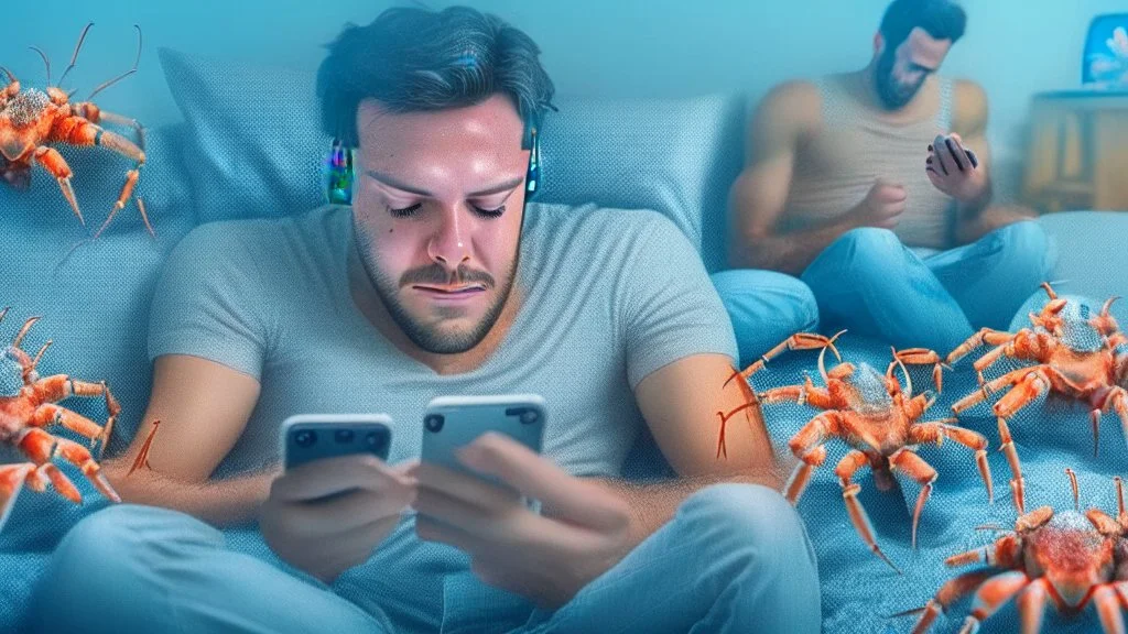 guy in bliss while watching censored videos on smartphone surrounded by tiny crabs