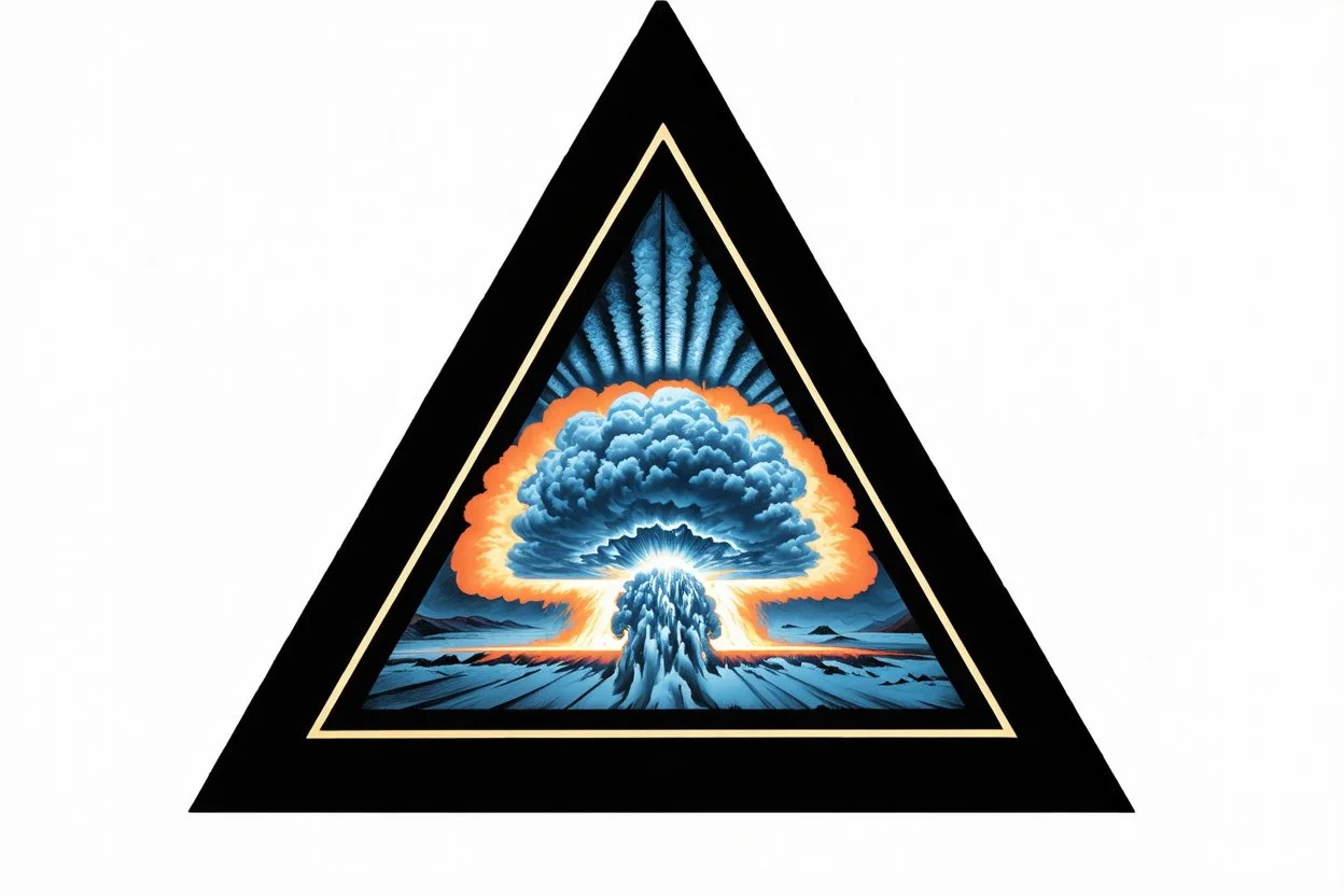 a nuclear explosion cloud, behind an orange glowing omega like shape, all inside an equilateral triangle like a doorway to a different world, radiant lines, Psychedelic album cover