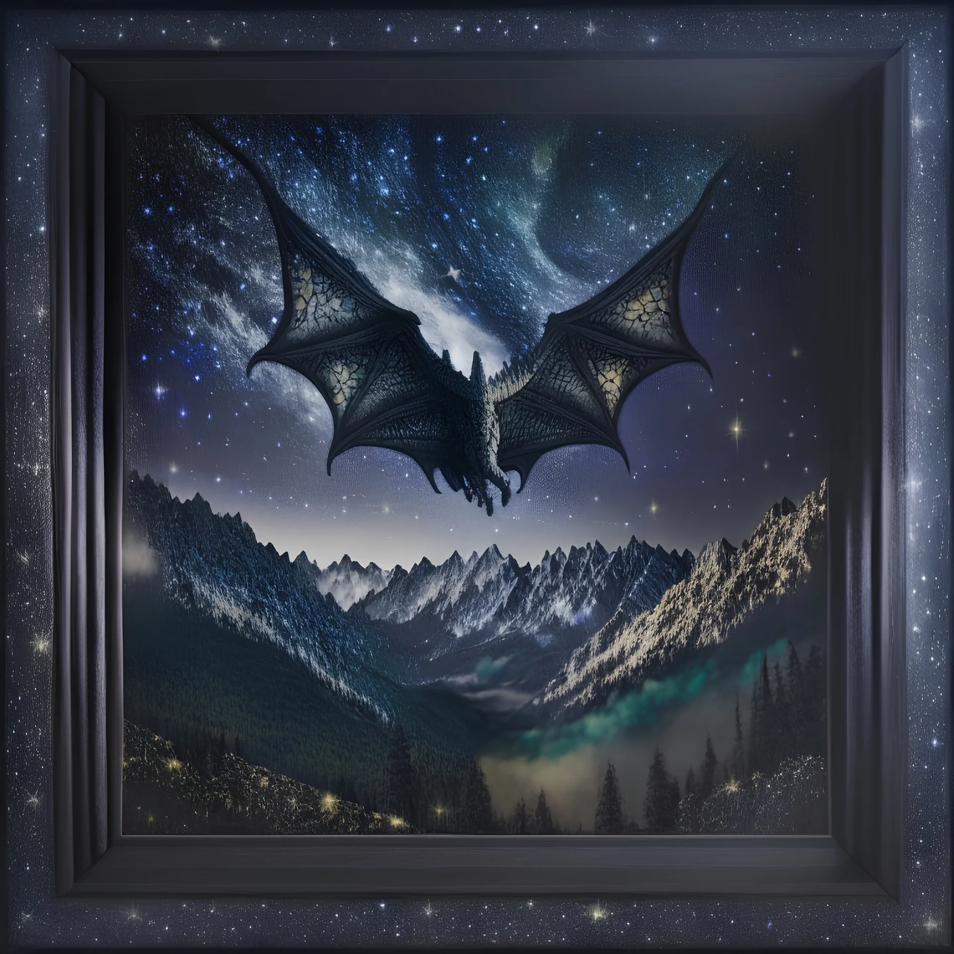 image framed with a thin border of celtic designs, story book cover format, A winged celestial dragon in flight above a forested mountain, against a background of brilliantly glittering stars, hd 4k, fine sharp detail