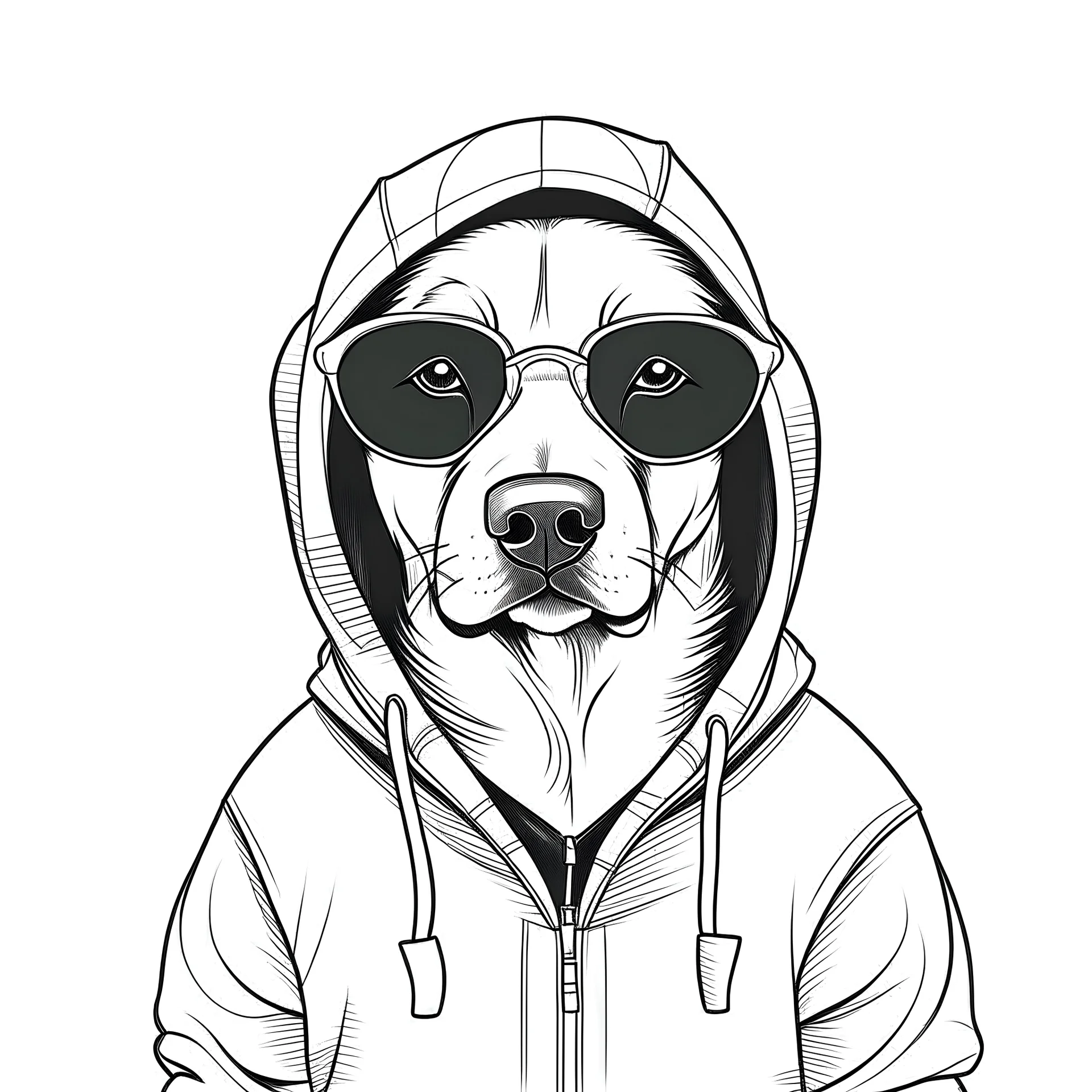 line art drawing of a dog wearing a hoodie with sun glasses. The hoodie has the outline shape of a dog. black and white, no background