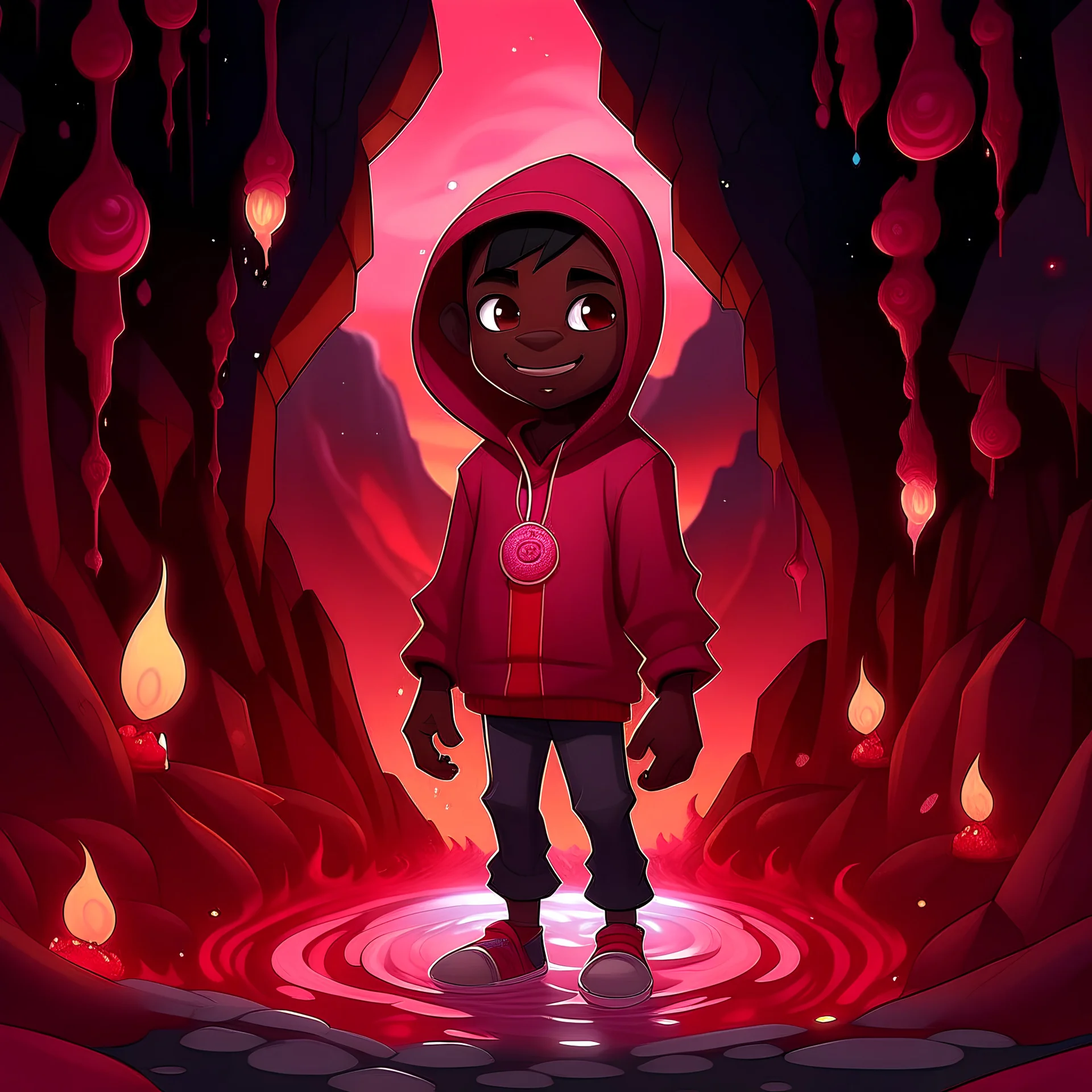 a brown skin coloured cartoon boy with a evil smile big head standing in a big black cave with an evil smile and hes wearing black hoodie and red pants with black shoes with red and pink fire around him and pink crystals with the moon outside and a river in the cave