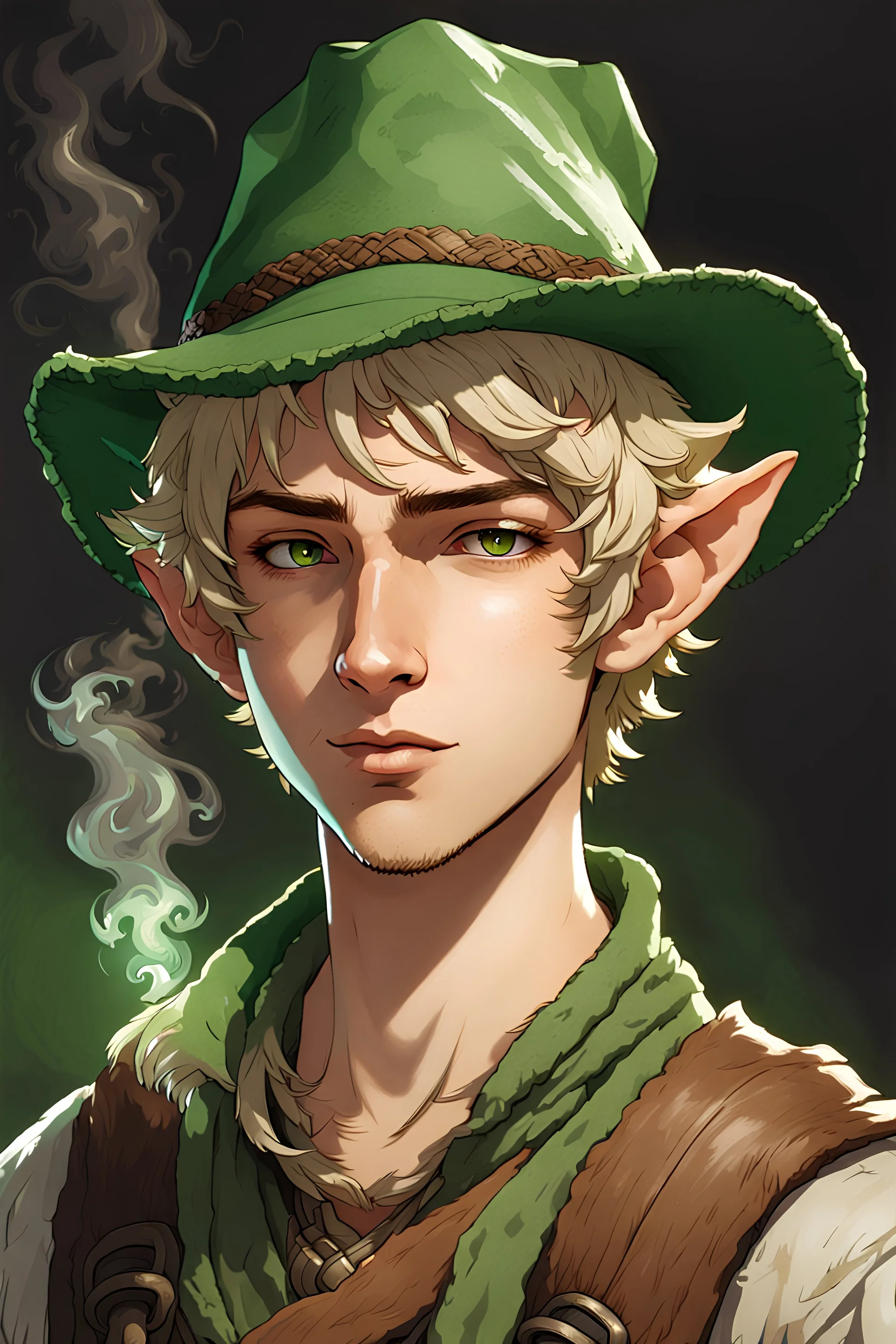 dnd character, young male with short wavey light hair, pale and tired complexion, wide animalistic brown eyes, pointed ears, weathered, round face, green pointy hat, smoking pot