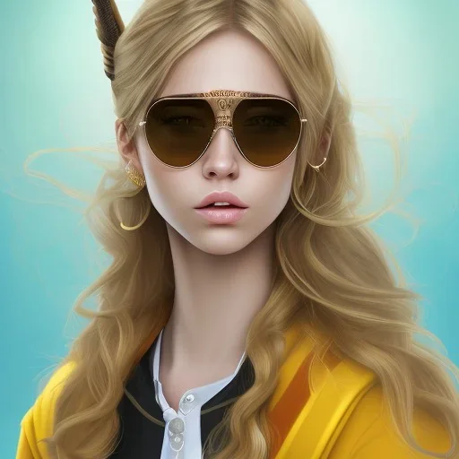 Girl with long wavy brown blond hair, yellow hawk eyes. Wears Hogwarts Hufflepuff uniform and sunglasses with a yellow clip.