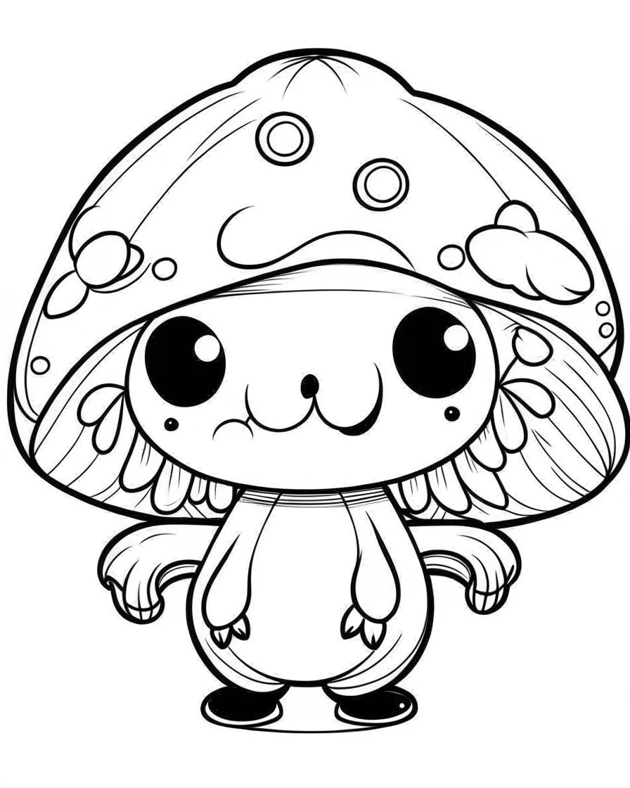 Black and white outline art only for cute coloring book pages, cute kawaii mushroom, all white, white background only, whole body, sketch style, full body, only outlines used, cartoon style, 2d