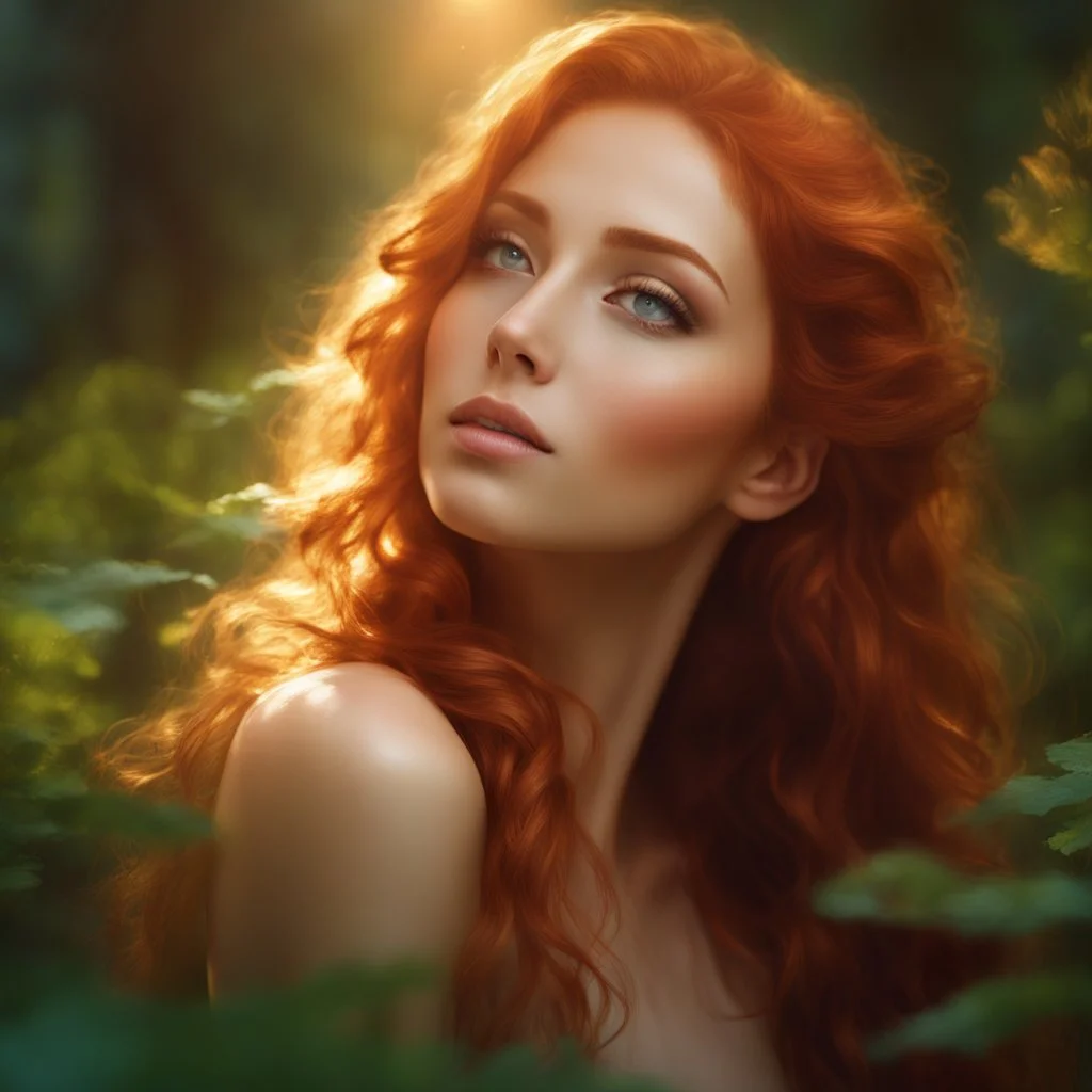 amazingly beautiful forest nymph, redhead, intimate, open minded, alluring, dynamic poses, the clouds are rich in color and can be seen in the reflection off the water, ray tracing, beautiful facial features, wavy hair, face illumined, face detailed, soft smile, sun rays, detailed facial features, detailed eyes