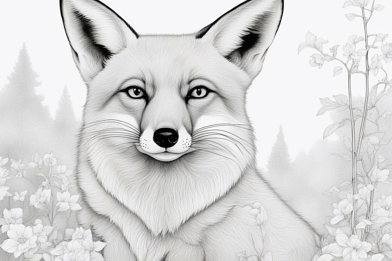 Colouring book page portrait of a fox