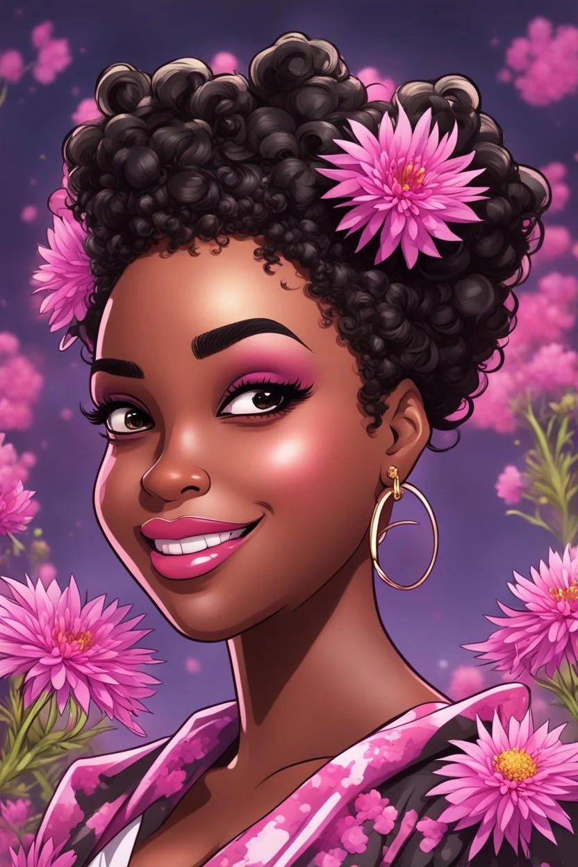 Create a comic book cartoon art style image of a curvy black female looking down with a smile on her face. Prominent makeup with hazel eyes. Highly detailed messy curly bun with a hair scarf on her head with large pink knapweed flowers surrounding her. 2k