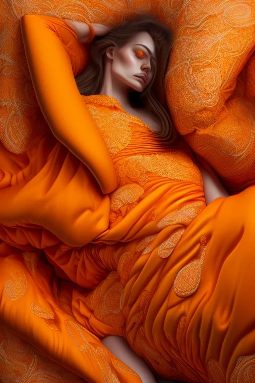 sleeping woman, orange and yellow tones, insanely detailed and intricate, hypermaximalist, elegant, ornate, hyper realistic, super detailed, by Pyke Koch