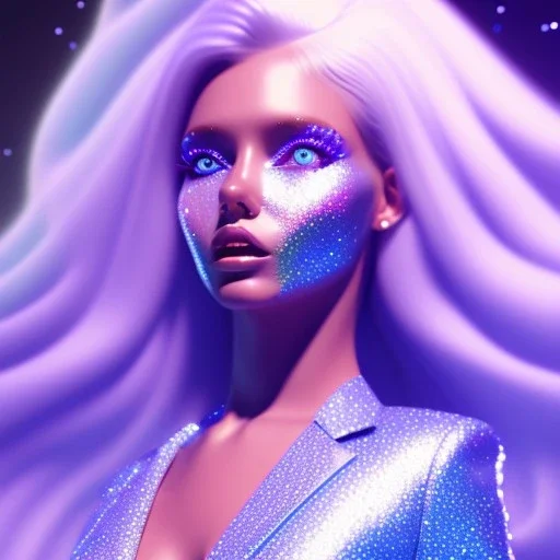 galactic girl, glitter blue and white suit with jewels, blond hair, blue eyes, cinematic lights, HQ, 4k, high details