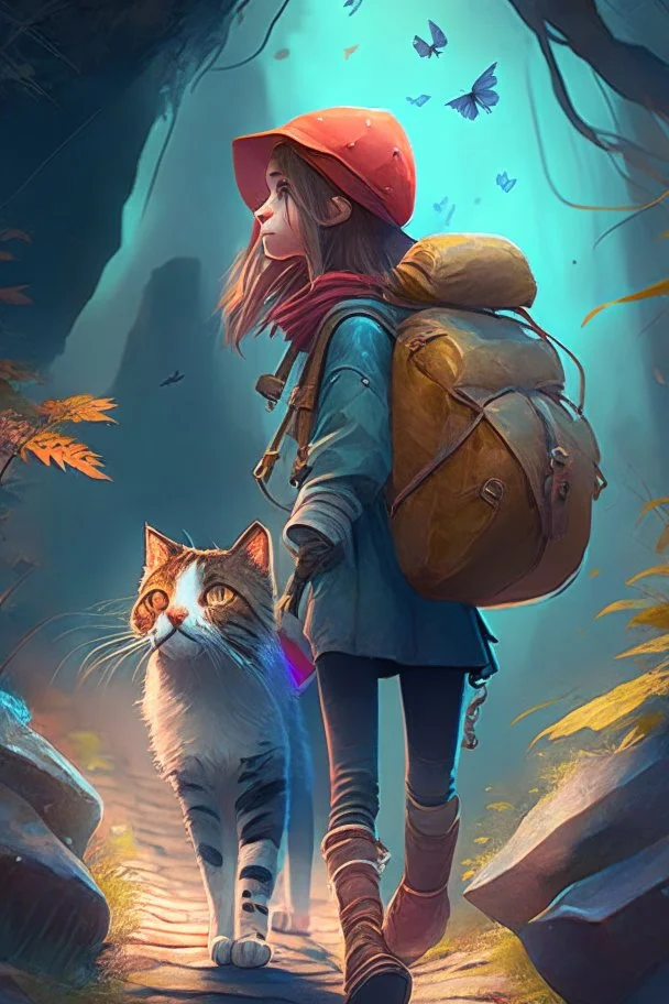 a girl and cat on a adventure, 4k, full detail, high resolution, digitalart