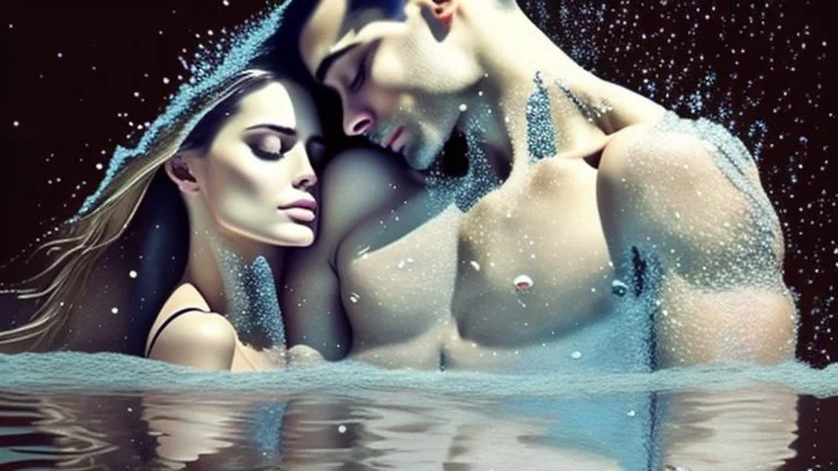 Two clothed bodies hugging each other with their bodies like water, fusing into each other and imploding