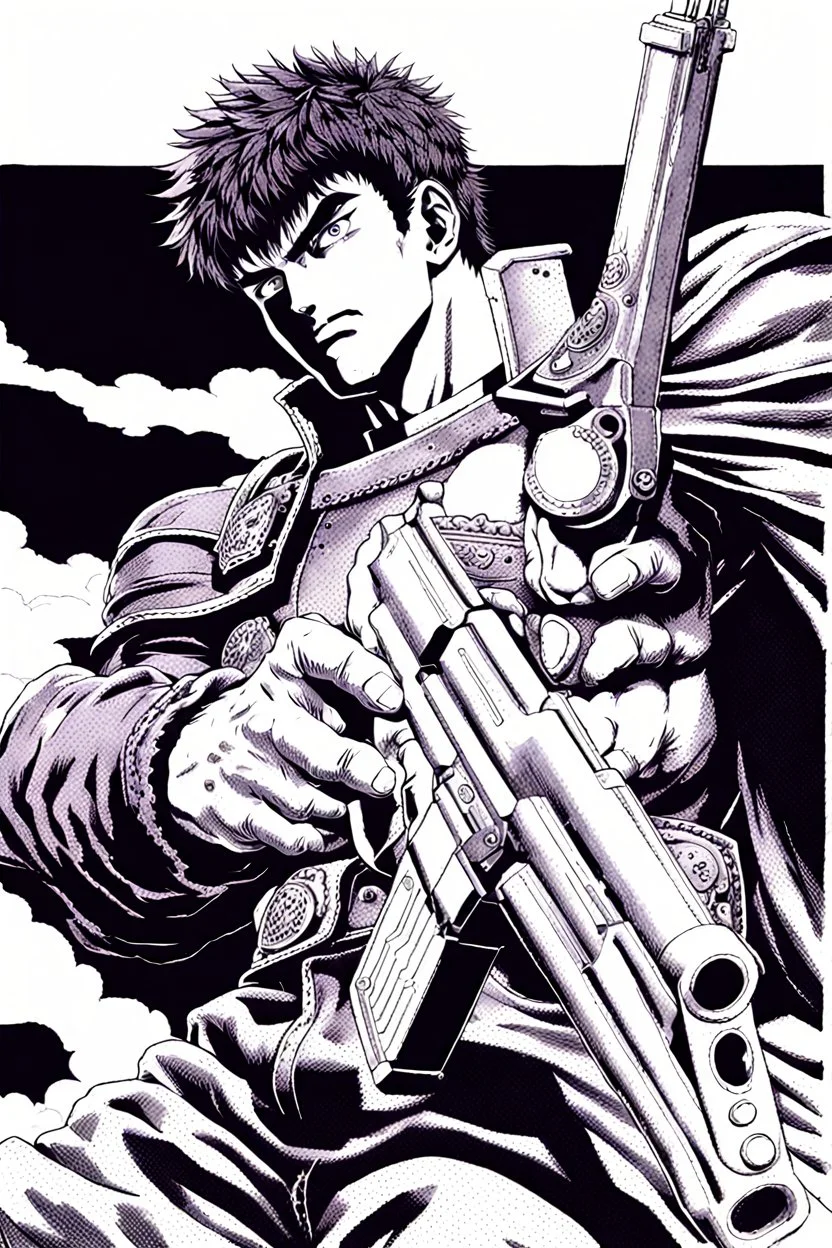 Guts from Berserk holds a revolver gun to his head.