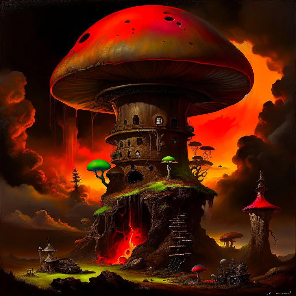 A fantabulous black, orange, and green (((mushroom tower house))) erected atop a (geologic pillar), surrounded by the uncanny imaginative ((( swirling skies))), offset by the stark hues of a (neon-tinged nebulous space scape), within. captured by the hand a skilled master painter with a focus on (softly blurred compositions and voluminous lighting).