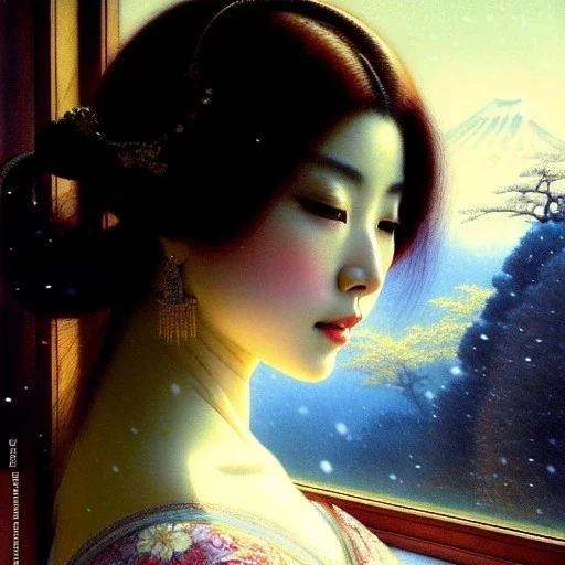 portrait beautiful face japanese Gheisha,window,busty,japanese garden,snow,cherry trees,mountains,ancient leather armor, balanciaga fashion clothe painting by gaston bussiere, greg rutkowski, yoji shinkawa, yoshitaka amano, tsutomu nihei, donato giancola, tim hildebrandt, oil on canvas, cinematic composition, extreme detail,fit full head inside picture,16k