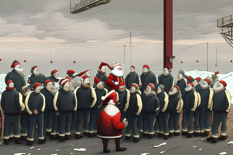 Santa Claus is visiting a factory and give all the workers presents, cartoon style Simon Stålenhag