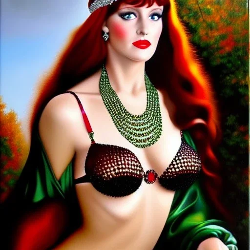 oil Portrait on canvas of busty beautiful young Red Sonja with big crystal clear green eyes looking to viewer, with ruby necklace by Adam hughes 16k