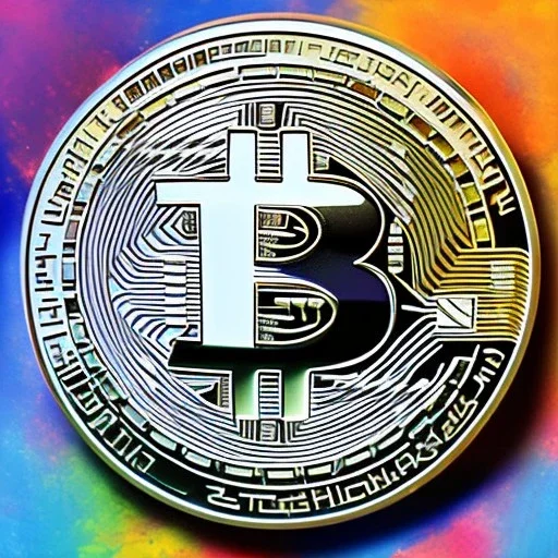 colorfull fantsy art, bitcoin and islamic coin on the sandy shore