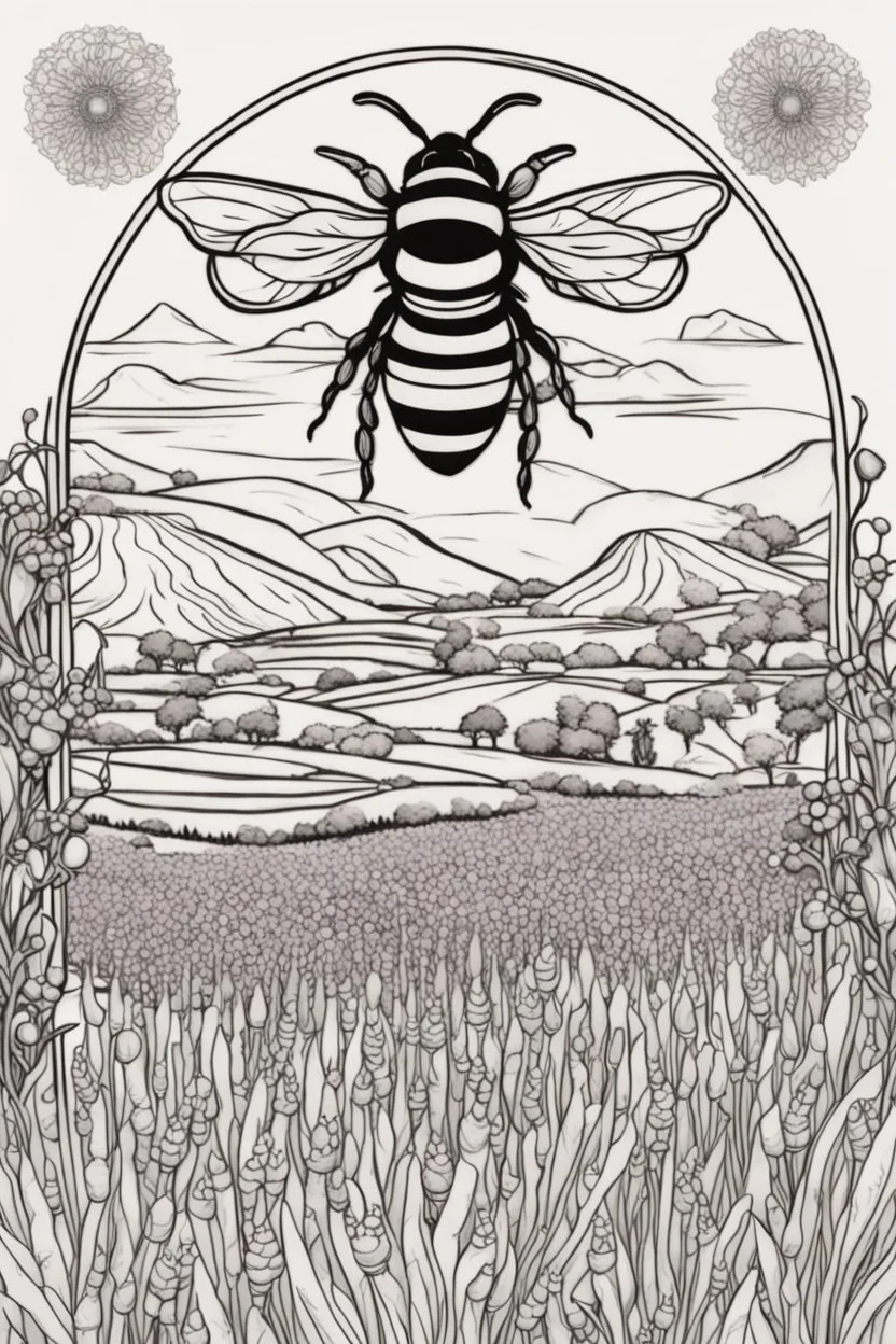 Mandala showcasing a lavender field amidst bee elements, sketched in black and white with clear, thick strokes, ideal for an adult coloring book, contour, vector, polished line art, set on a white scene