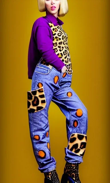 Photo of Scarlett Johansson. Huge leopard firures Printed on denim!!!! :terracotta, cream and purple, lilac and Cream latex, imperial yellow, red plum. Baggy jeans! plant print.European daft punk woman. Baggy jeans! Mantle is sewed of recycled Denim and sewed together of recycled polymer felt. lace, Yellow(Munsell) areas. hint of orange as effect color!!Big bright purple/khaki felt tippet and cream or blue or lilac colored-hood. mantle is merged with satchel. . Headphones is merged with felt hoo