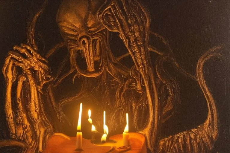 cute coffeshop creature H. R. Giger in candlelight