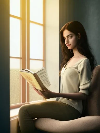 Beautiful, thin young woman, Arab home clothes, wavy hair, sitting on an office chair, reading a novel, next to a window, outside the window is sunset , 8k, finely detailed, photo realistic, cinematic