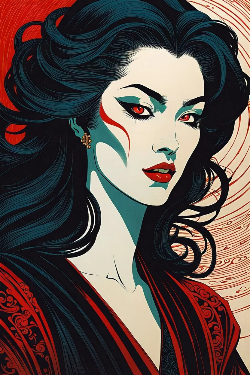 museum quality color woodblock print of an enigmatic Malkavian female vampire with highly detailed hair and facial features , in the style of Bertha Lum, and Prosper-Alphonse Isaac, with a fine art , graphic novel aesthetic, highly detailed, finely cut ,8k render,