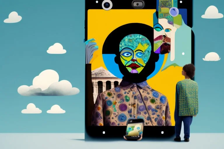 giant mobile phone with earth on the screen and small man with head inside it in the style of Eileen Agar