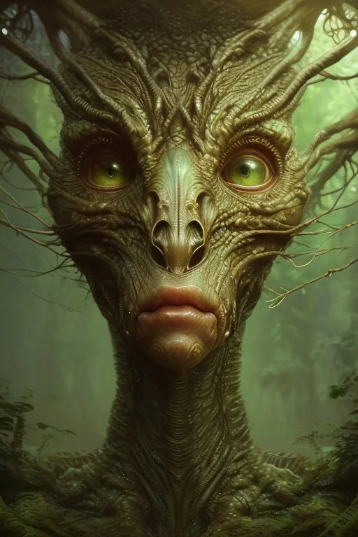 Alien tree creature,soft round eyes, 8k resolution, cinematic smooth, intricate details, vibrant colors, realistic details, masterpiece, oil on canvas, smokey background