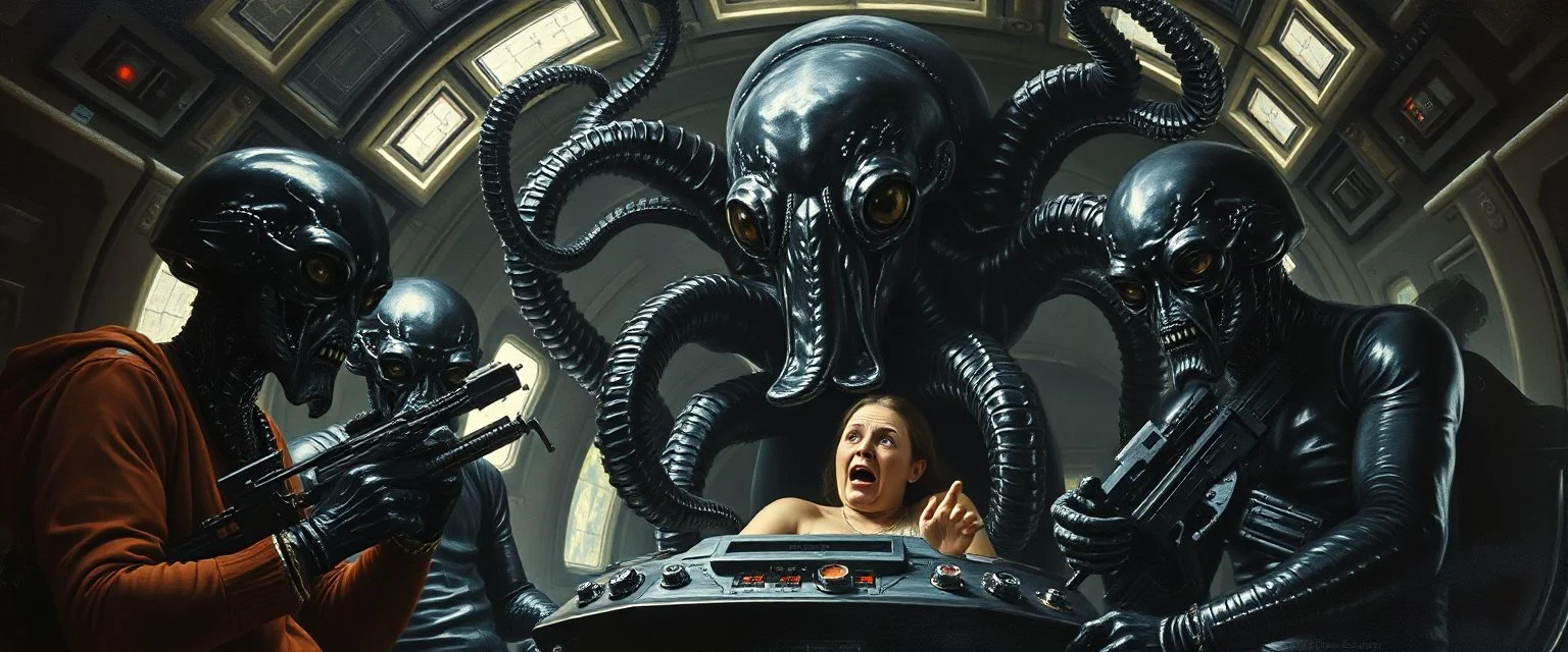 master oil painting by Rembrandt, black glistening slimy octopus insectoid hypnotic Nephilim tribe trauma watchers commando in spaceship with some scared humans, in the style of Giger