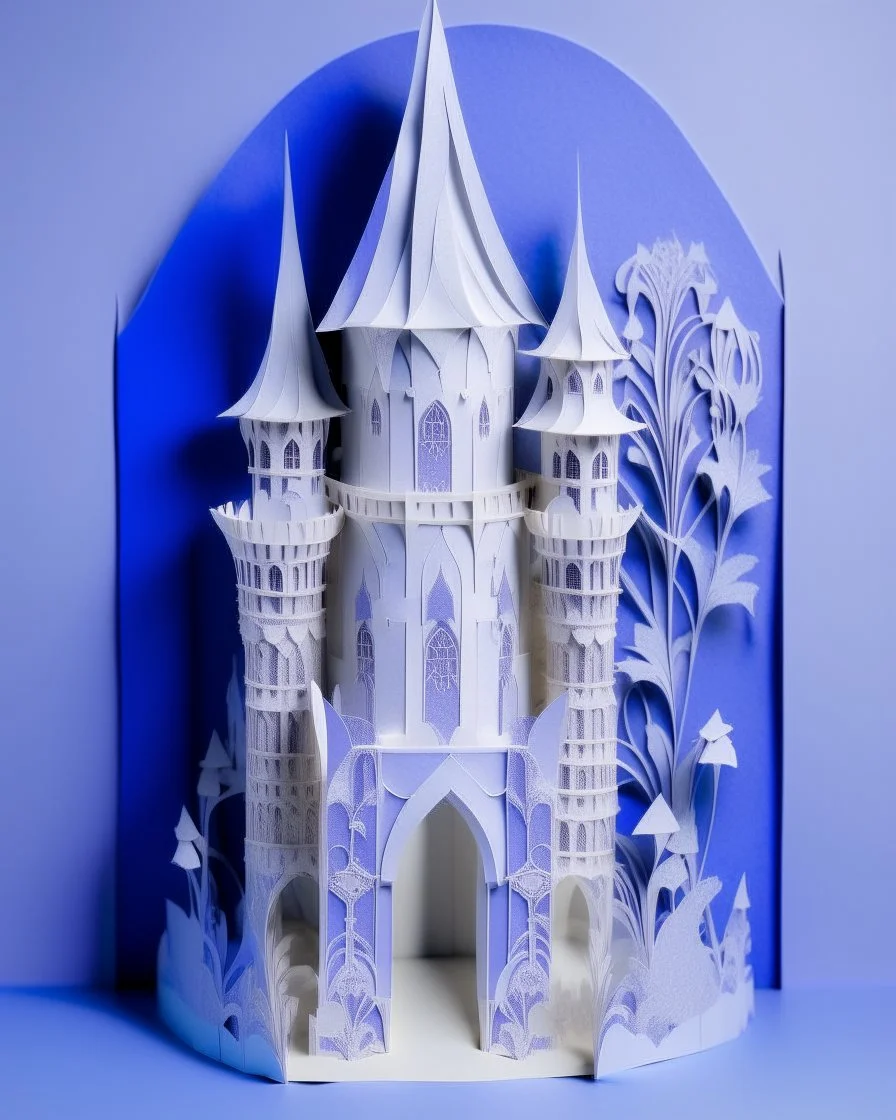 A pale purplish periwinkle castle made out of paper in Rayonism art style