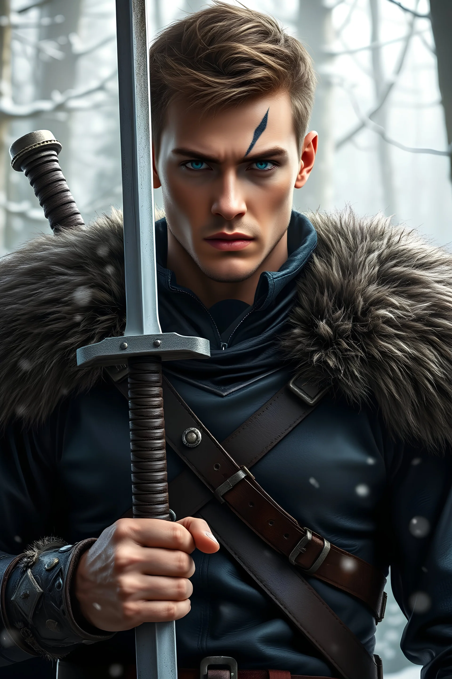 fantasy, super realistic, warrior, handsome, a line scar through his right eye, dark blue eyes, tall, fur, young man, leather, show whole body, holding a sword, background is a snowy forest