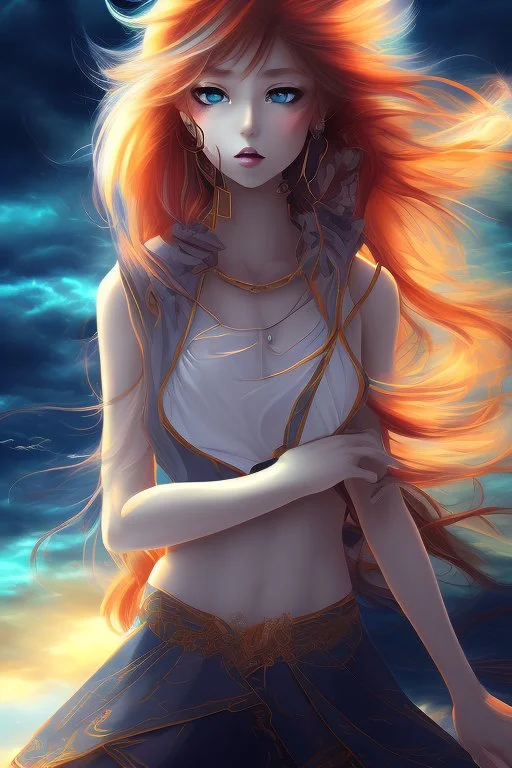 A striking beautiful anime girl coming out of an abstract background of stormy wind and fire sky