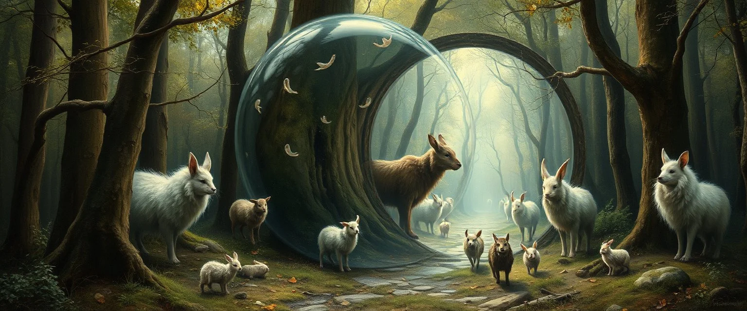 in the magical mirror forest you enter the strangest bubble doorway to weird dimension and the aura of its heavenly fluffy elevated messed up woodland creatures flock painted by Nerdrum and Rembrandt