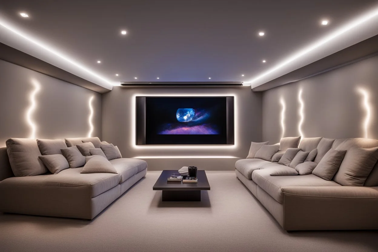 dedicated home cinema room with LED lighting in the walls make sure the room is completely symmetrical