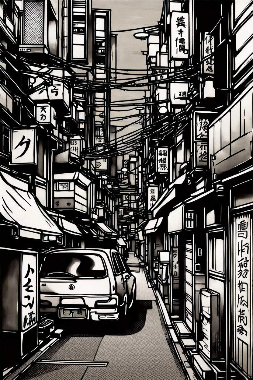 Tokyo alleys, greyscale, line arts, fine lines