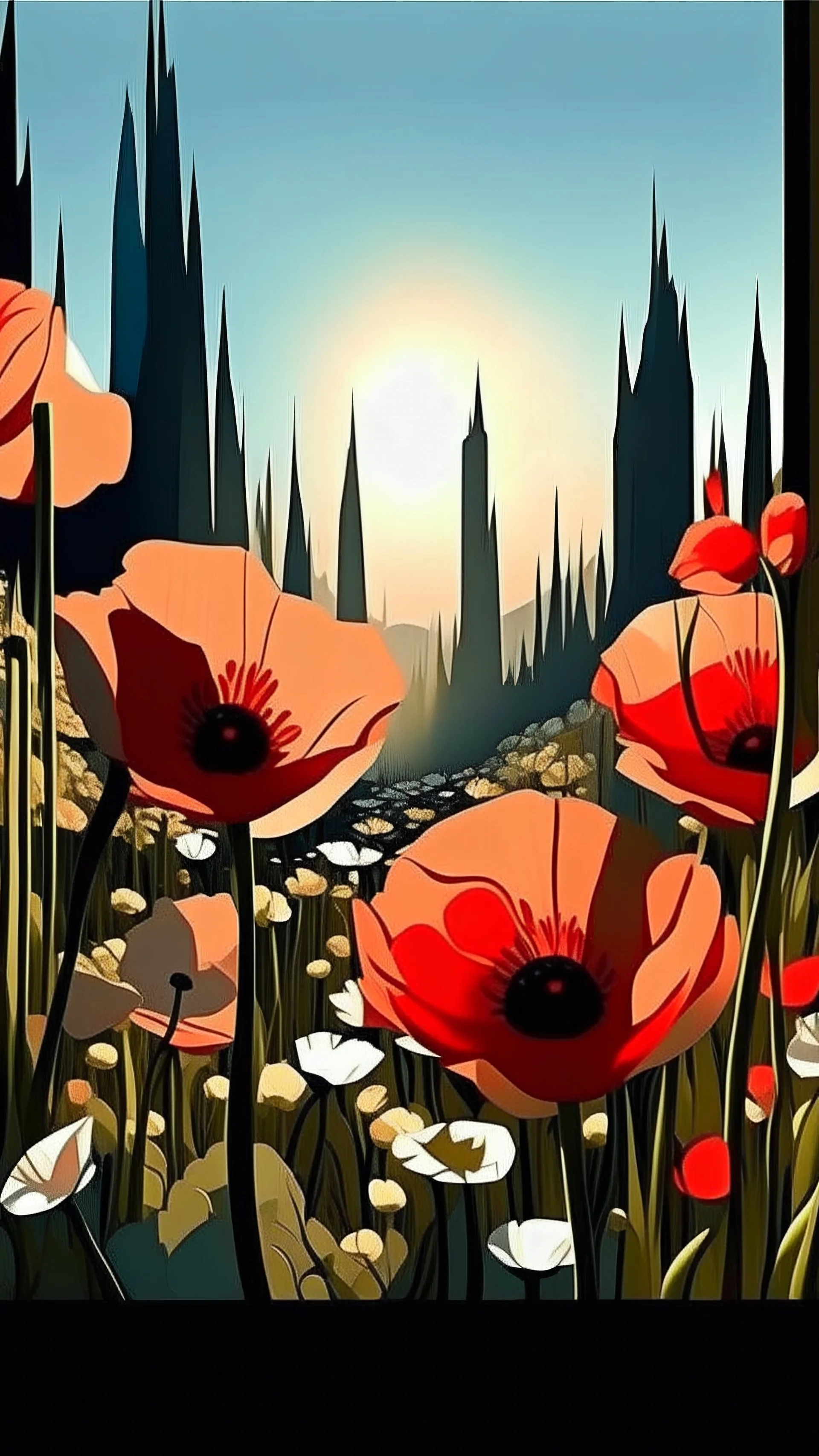 field of poppys by and oswaldo guayasamin and alexandre archipenko and yannis moralis in the style of , Artstation Deviant art, natural lighting accent lighting, in the street, intricate scenery highly detailed