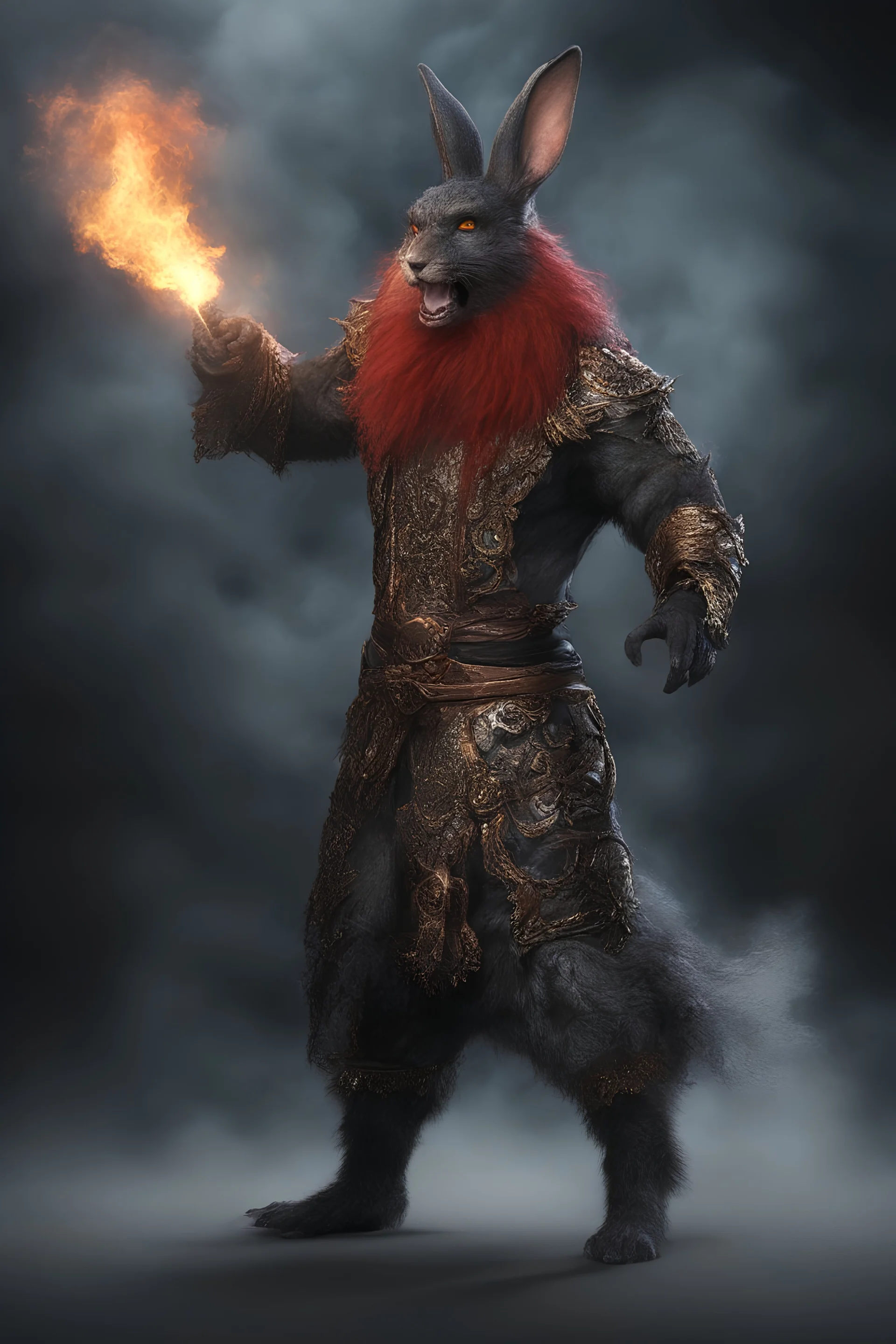 full body, head to toe, 3D, Flash, the anthropomorphic black Chinese Indian werewolf rabbit with Long wavy, curly (((red hair))) breathing fire, resembles Elvis Presley - full color - 32k, UHD, 1080p, 8 x 10, glossy professional quality digital photograph - dark foggy gradated background, historic, powerful, octane rendering, exquisite detail, 30 - megapixel, 4k, 85 - mm - lens, sharp - focus, intricately - ((skin details, high detailed skin texture