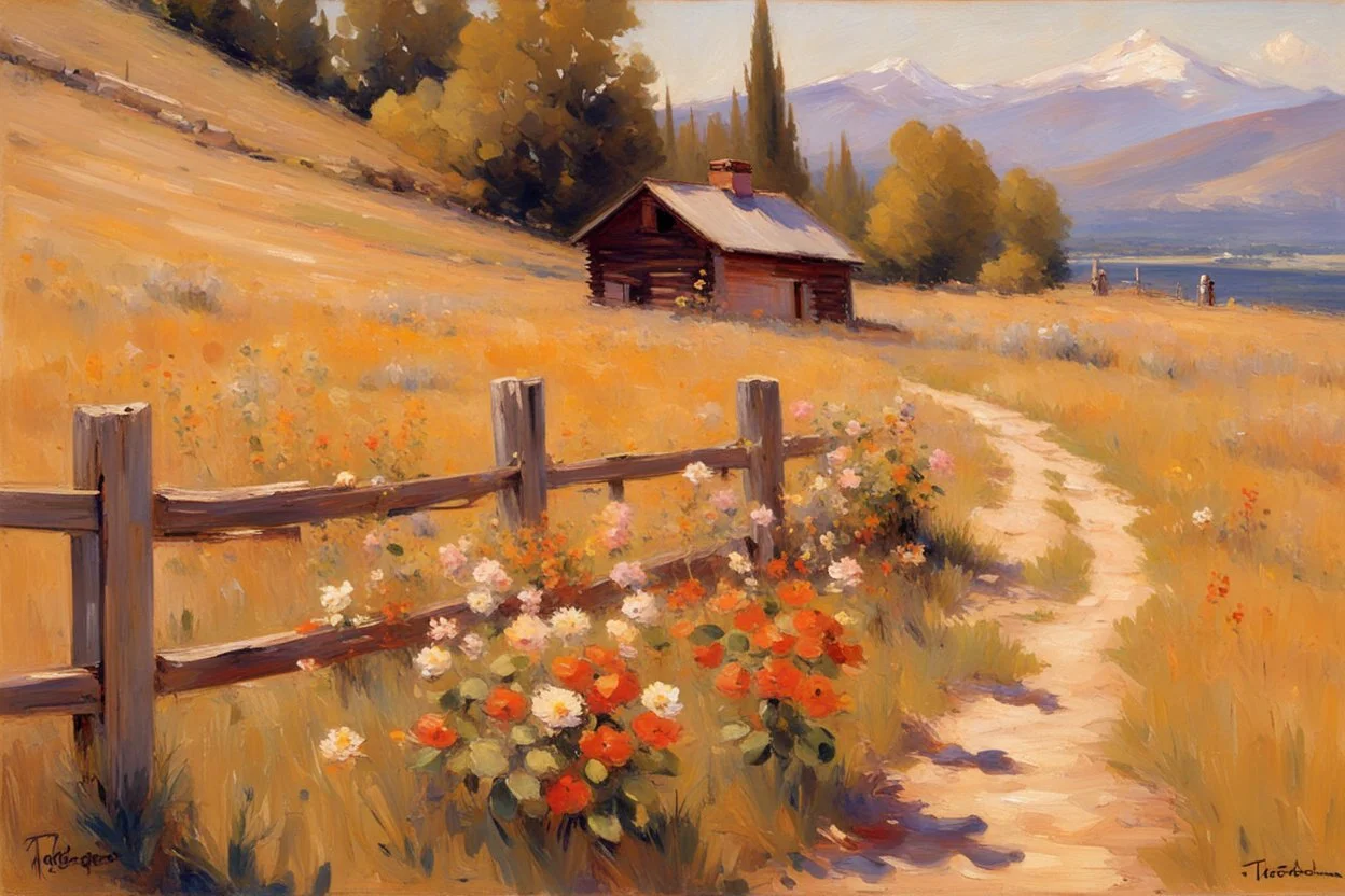 Sunny day, flowers, mountains, fence, distant cabin, pathway, theodore robinson impressionism painting